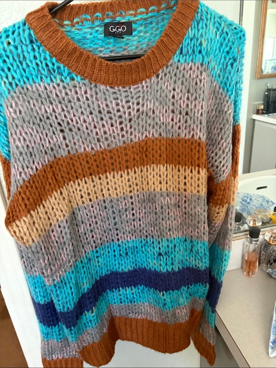 Gigio Sweaters - GIGIO Striped Open-Knit Crewneck Sweater in Turquoise & Brown